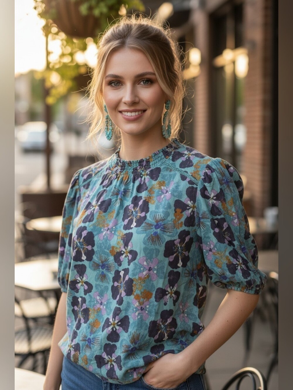 Knox Rose Teal Floral Smocked-Neck Puff Sleeve Top